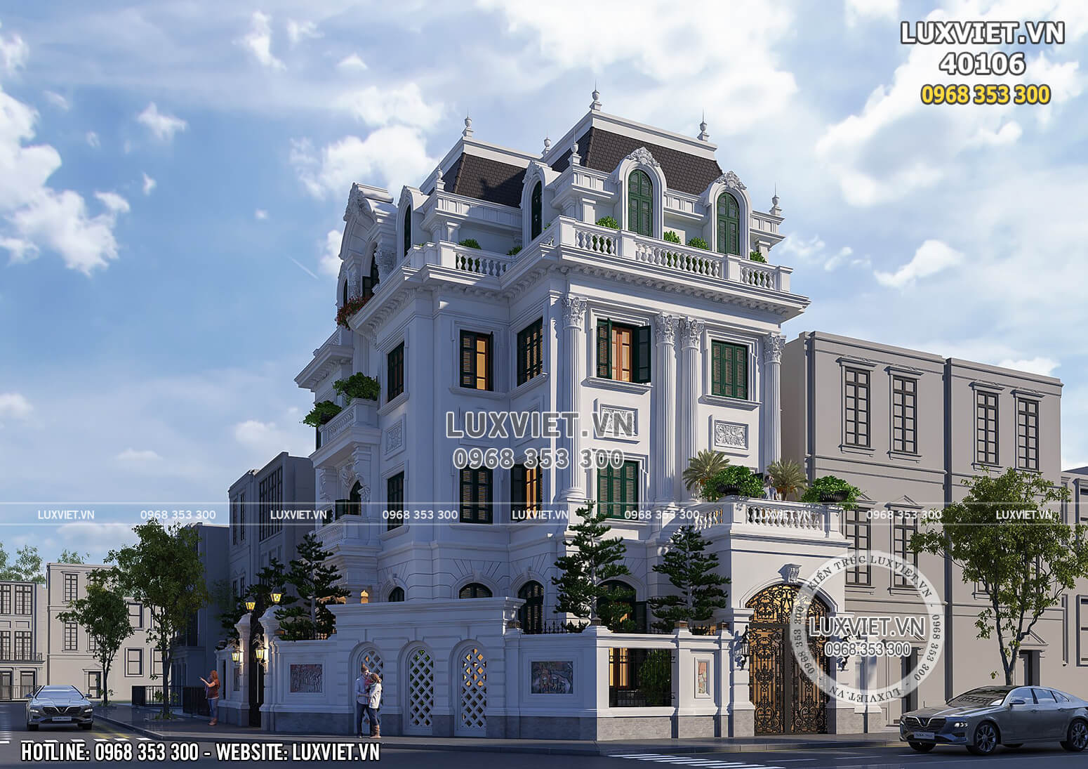 Phối cảnh 3D ngoại thất đẹp đến từng chi tiết mẫu biệt thự lâu đài kiến trúc Pháp cổ đẹp 4 tầng tại Hà Nội