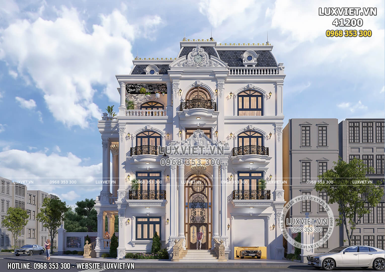 Phối cảnh 3D mặt tiền mẫu thiết kế biệt thự 4 tầng tân cổ điển đẹp tại Hà Nội