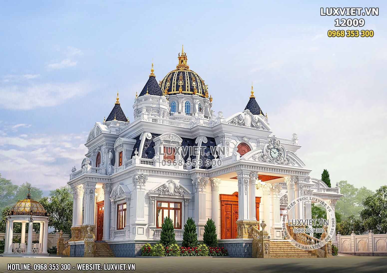 Phối cảnh 3D ngoại thất của mẫu thiết kế dinh thự Pháp kiêu sa, lộng lẫy