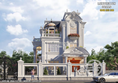 Không gian mặt tiền phối cảnh mẫu thiết kế biệt thự 3 tầng kiến trúc Pháp