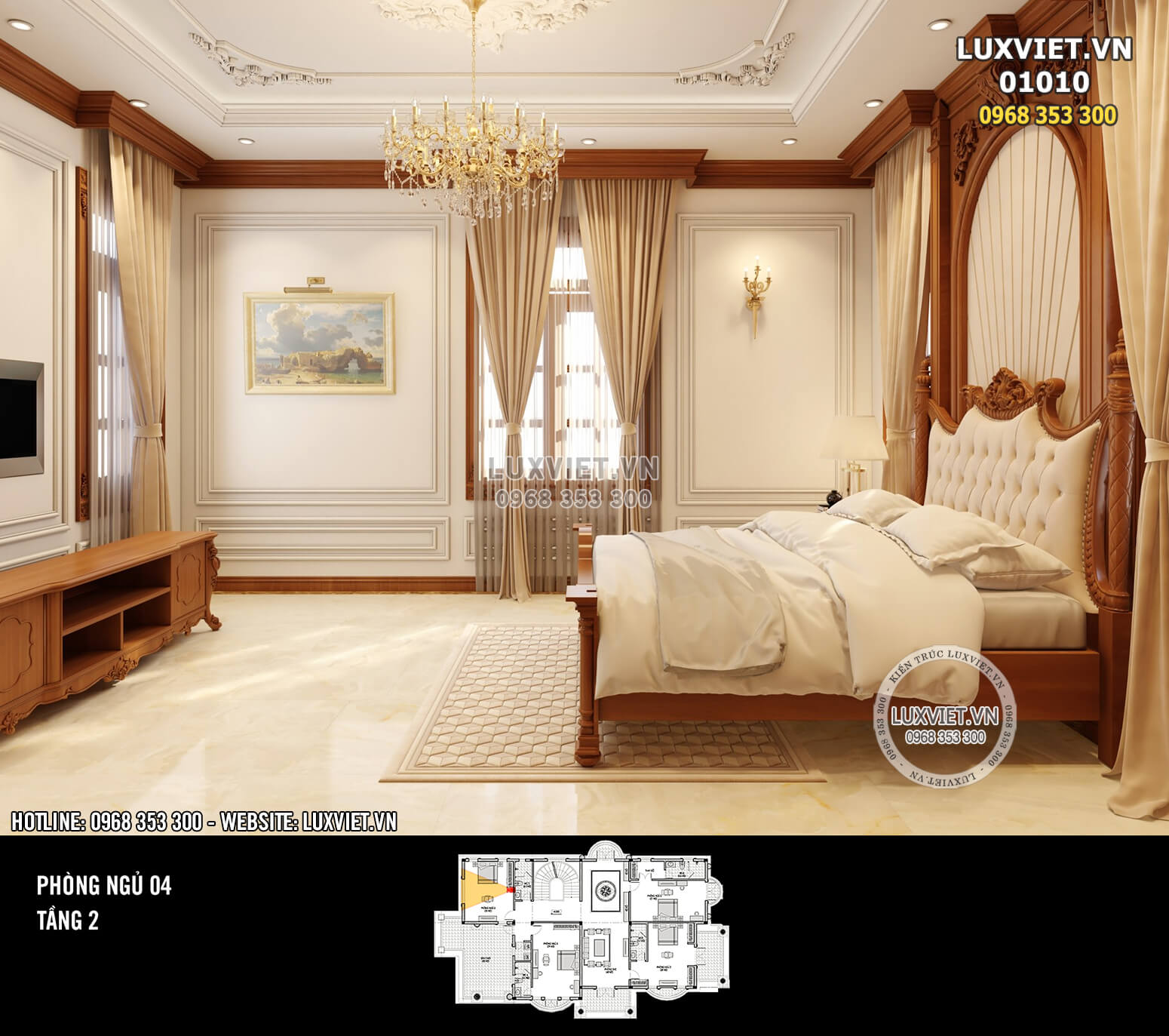 Hình ảnh: Phòng ngủ tầng 2 với nội thất gỗ tân cổ điển - LV 01010