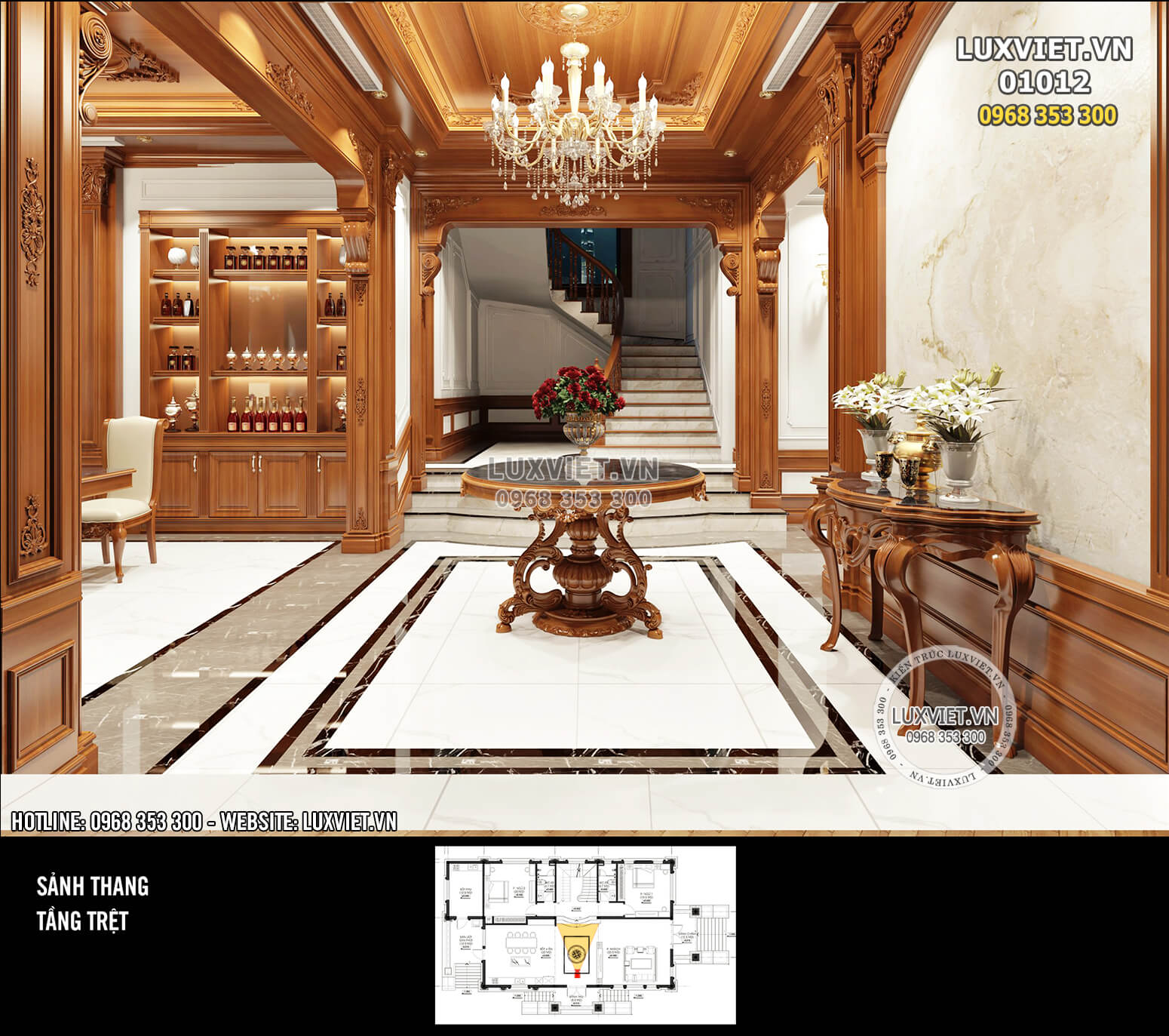 Hình ảnh: Không gian sảnh phụ nơi tiếp giao giữa cầu thang và phòng bếp ăn - nội thất ốp gỗ tân cổ điển