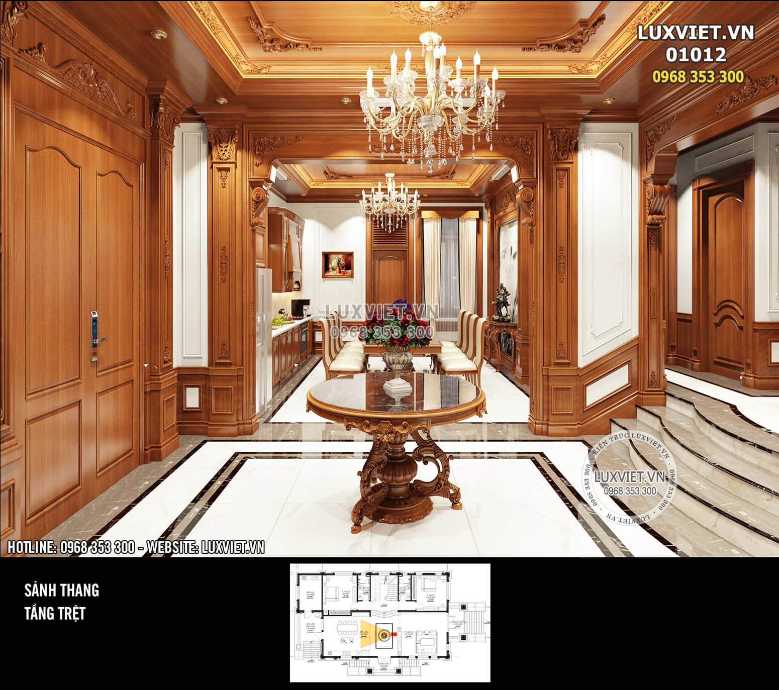 Hình ảnh: Tổng quan không gian phòng bếp được thiết kế chủ đạo bằng chất liệu gỗ tân cổ điển
