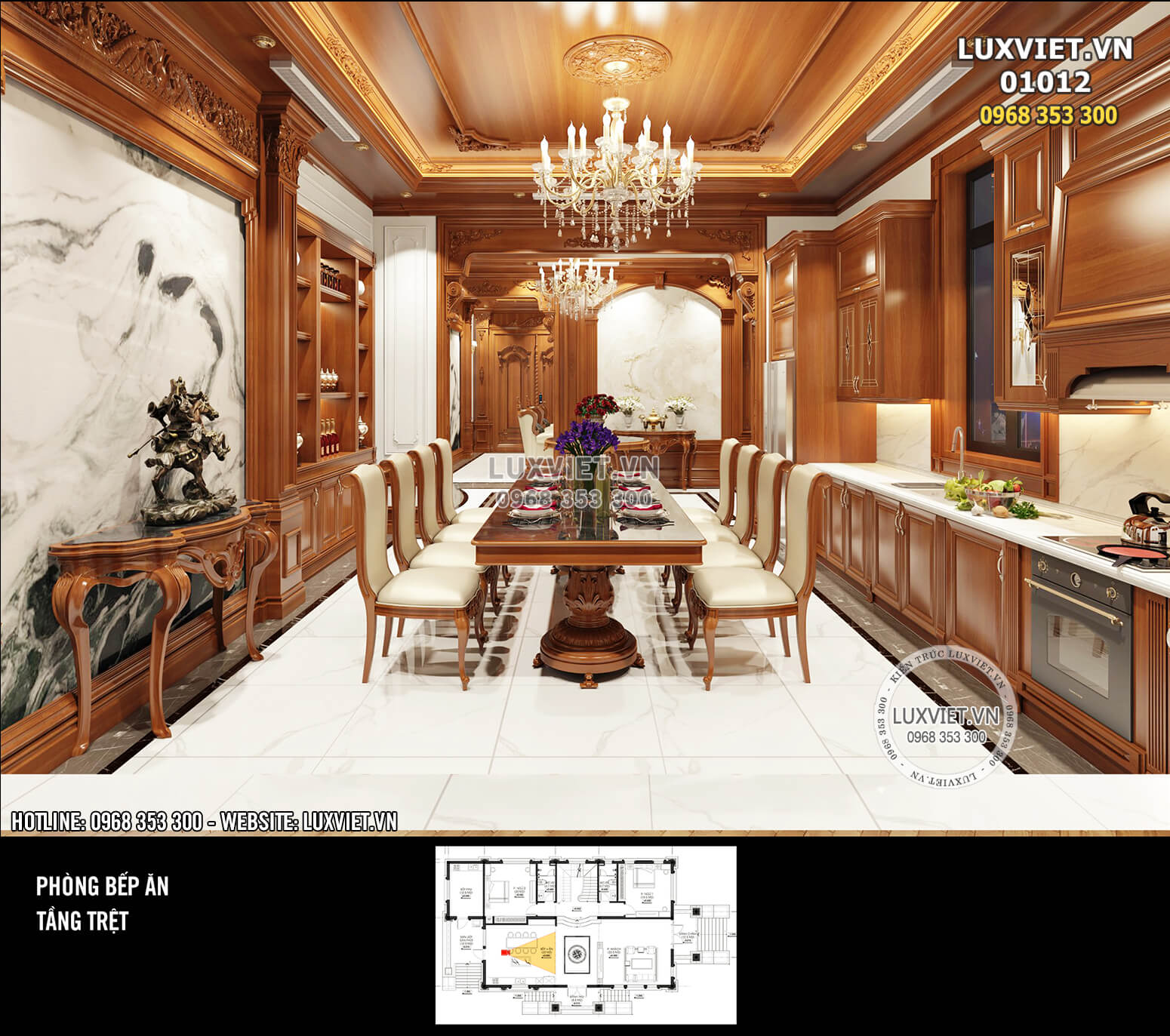 Hình ảnh: Hệ thống kệ tủ, tường, trần, đèn chùm tạo nên không gian phòng bếp ăn ấm cúng - nội thất ốp gỗ tân cổ điển