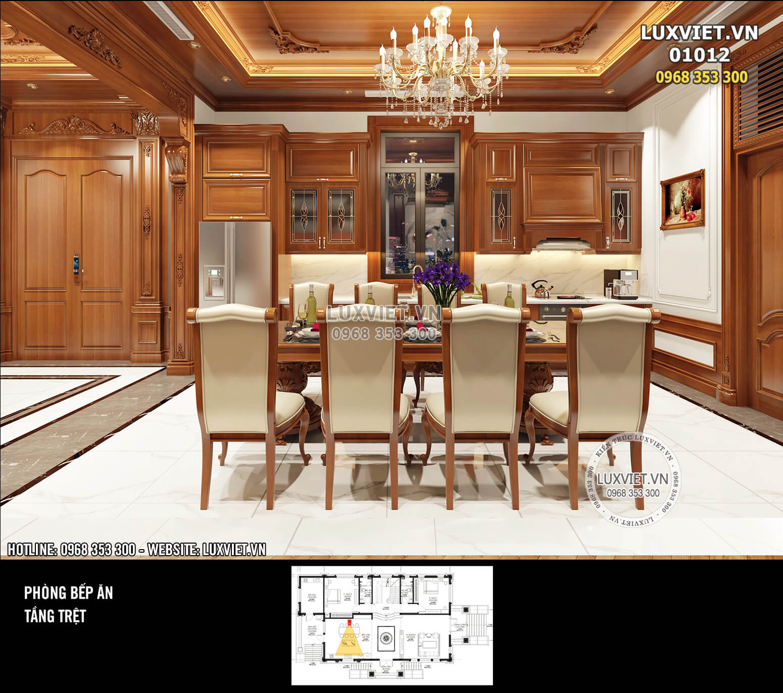 Hình ảnh: Khu vực bếp nấu được thiết kế theo kiểu chữ I với tủ bếp trên dưới được làm bằng gỗ cao cấp