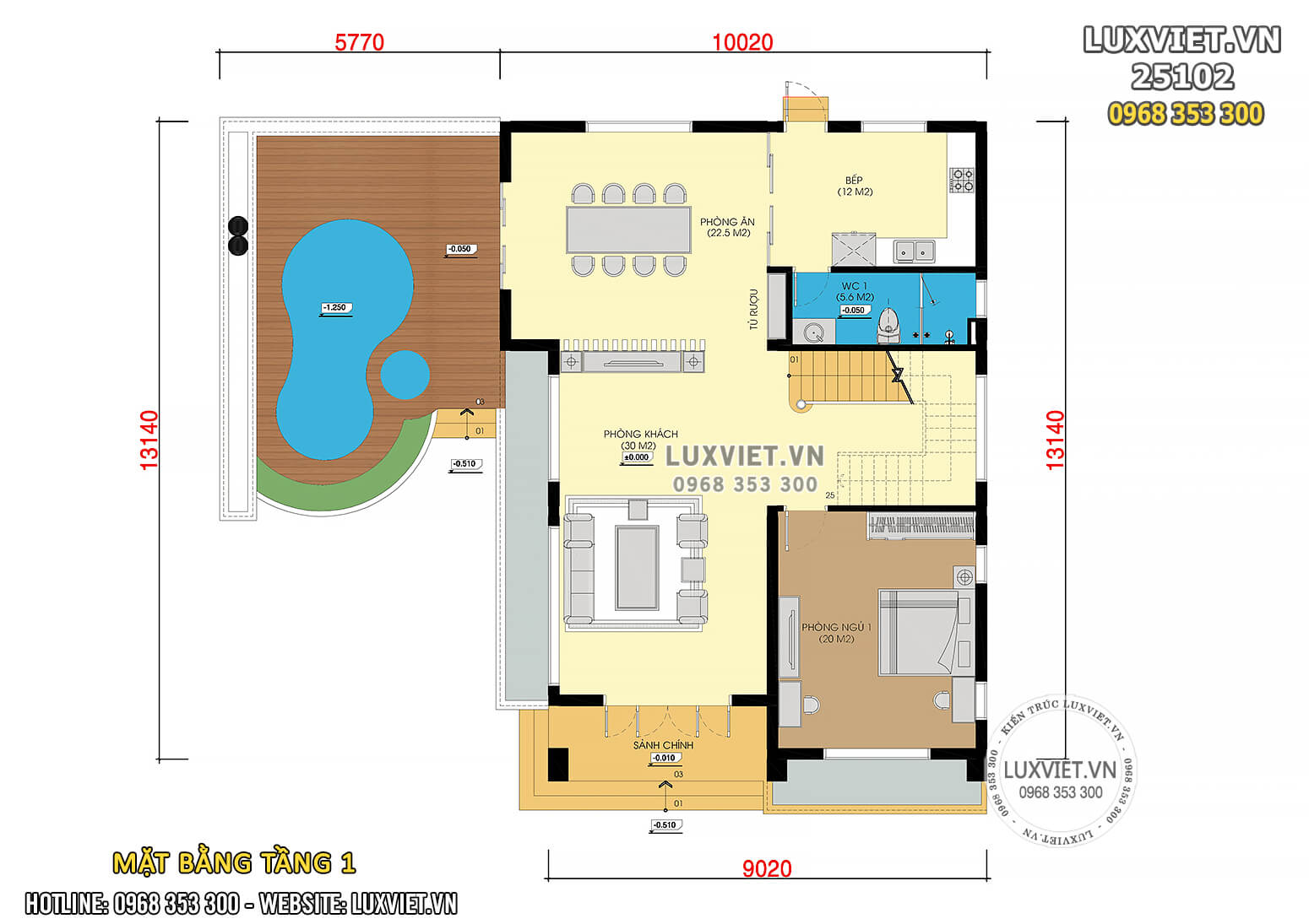 Hình ảnh: Phương án mặt bằng công năng tầng 1 của nhà 2 tầng mái bằng - LV 25102