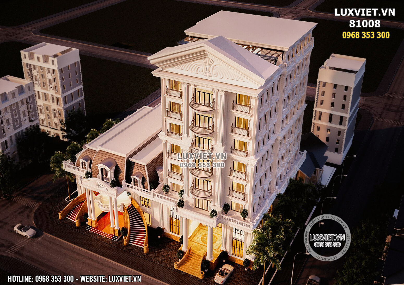 Hình ảnh: Tổng thể kiến trúc của mẫu khách sạn kết hợp trung tâm tổ chức sự kiện được thiết kế theo lối kiến trúc tân cổ điển
