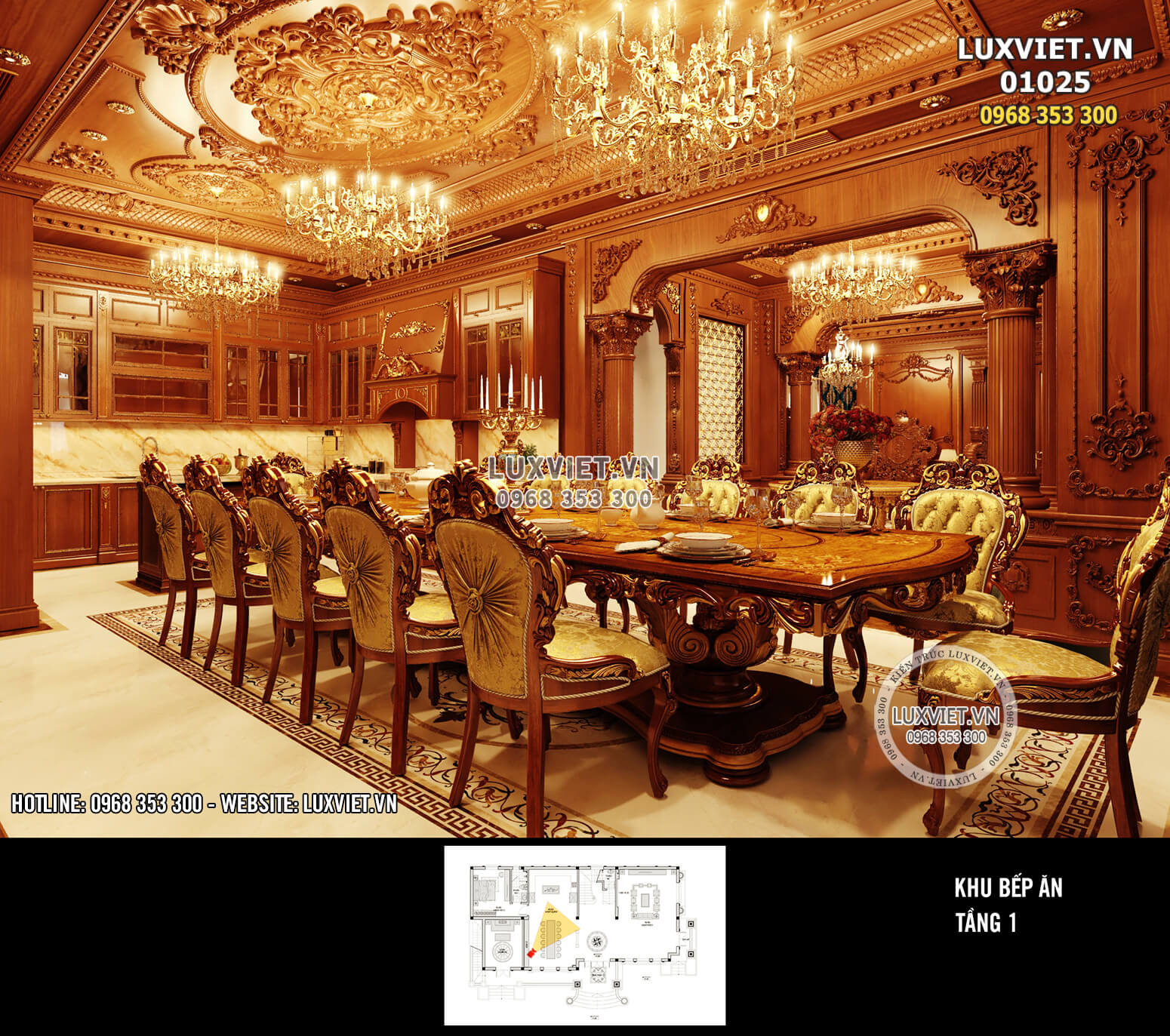 Điểm nhấn trong không gian nội thất phòng bếp chính là bộ bàn ghế được thiết kế theo phong cách hoàng gia