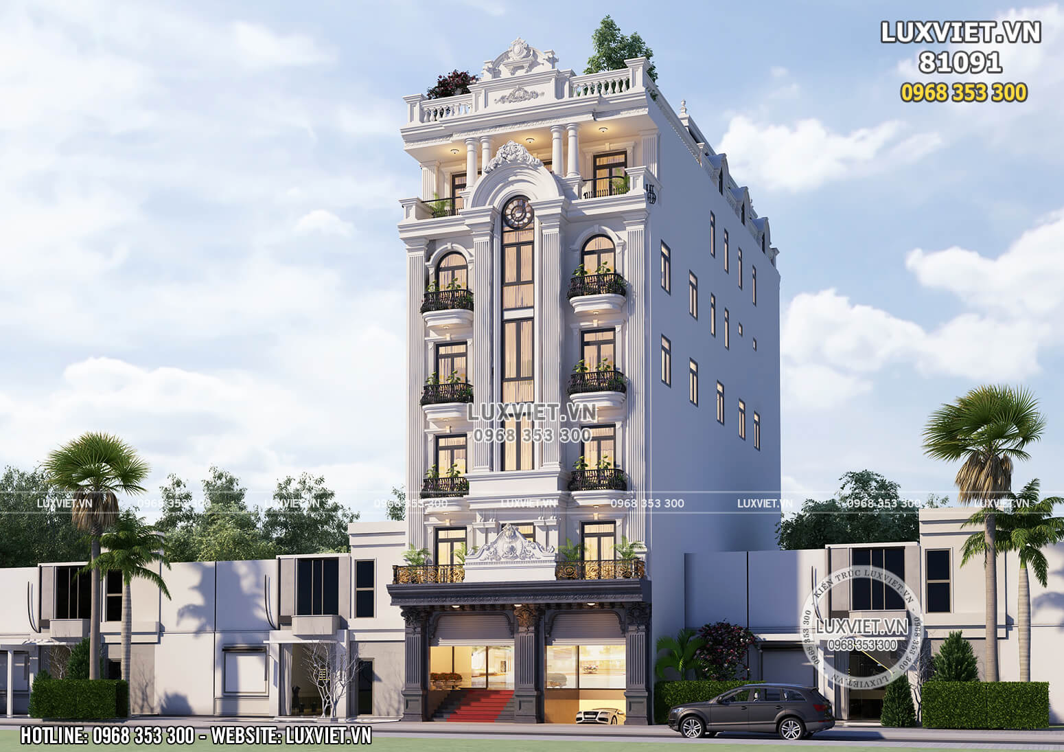 Thiết kế tòa nhà kinh doanh 7 tầng mặt tiền 10m - Mã số: LV 81091