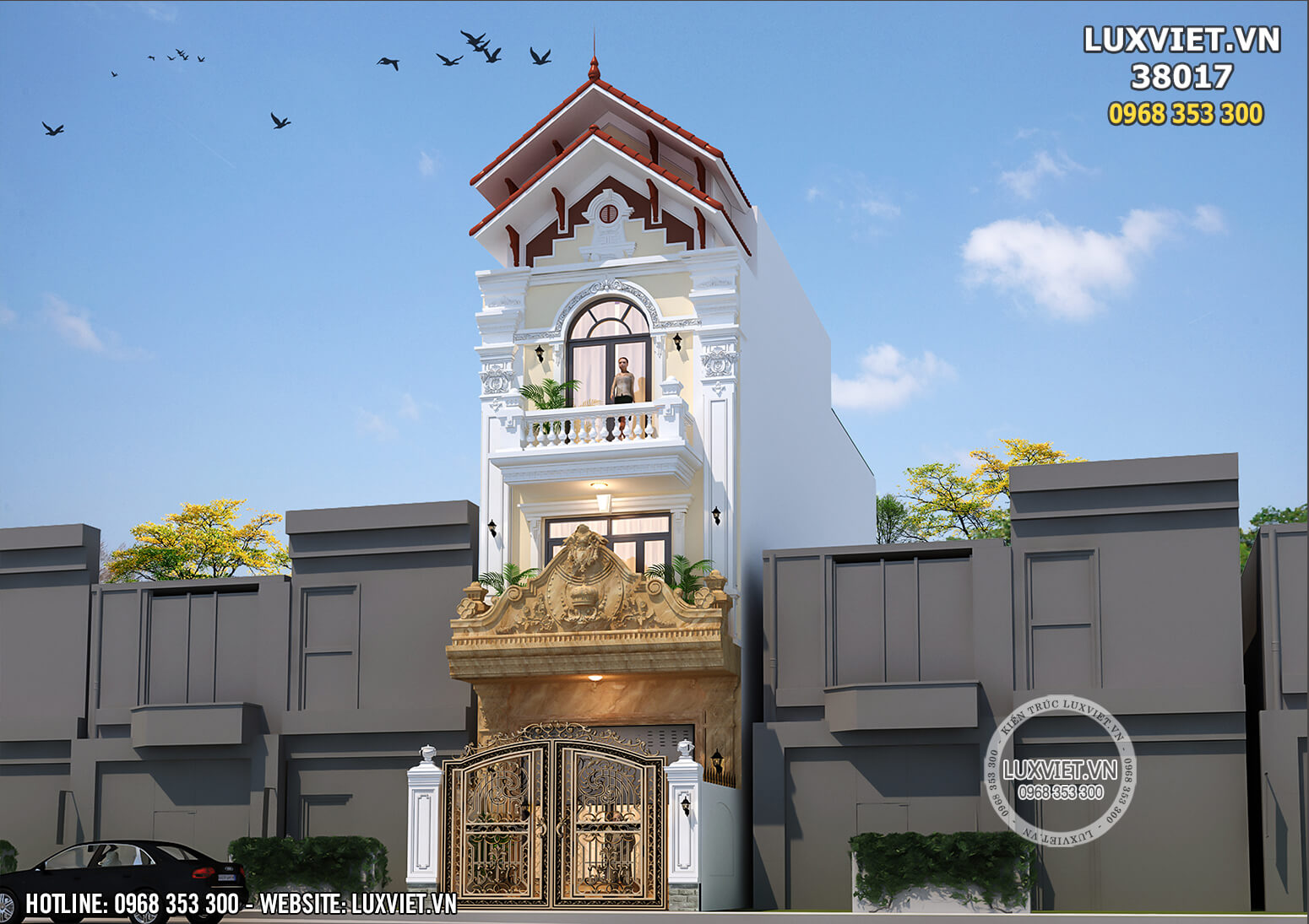 Mẫu thiết kế nhà phố 3 tầng tân cổ điển đẹp mái Thái - Mã số: LuxViet 38017