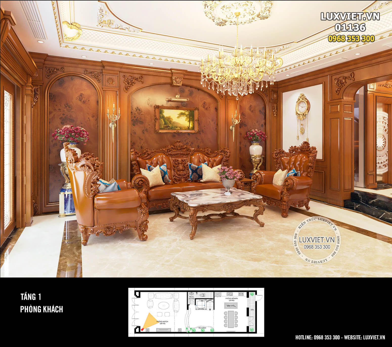 Thiết kế nội thất phòng khách sang trọng với diện tường trang trí bằng gỗ quý