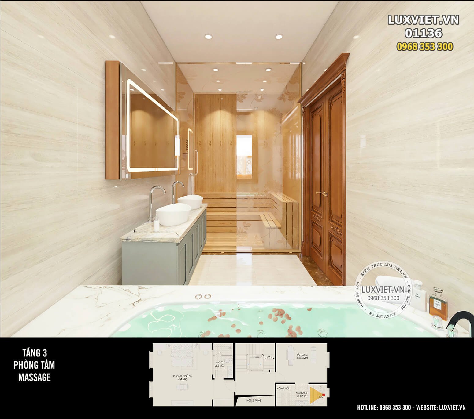 Thiết kế phòng tắm tiện nghi với hệ thống tắm bồn, xông hơi Massage