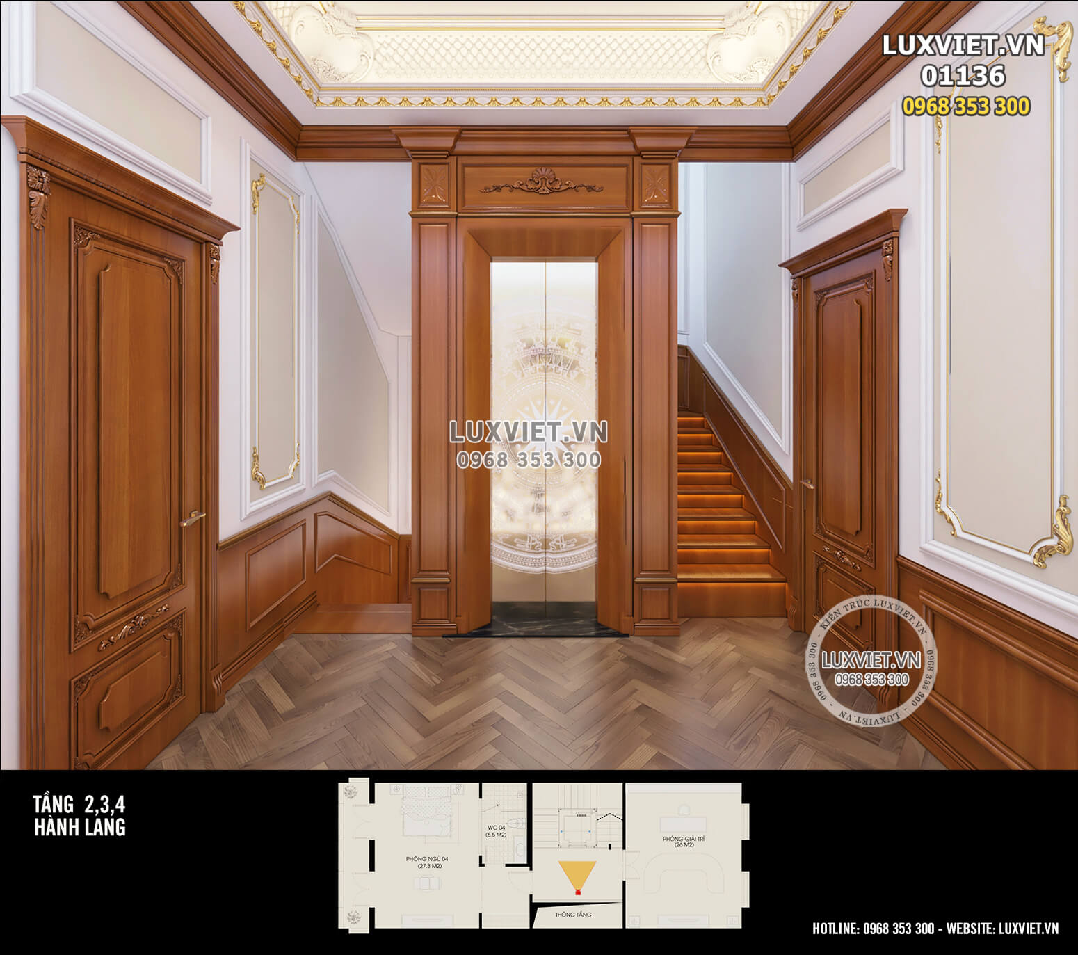 Thiết kế nội thất tân cổ điển với diện hành lang tầng 2,3,4 bằng gỗ sang trọng