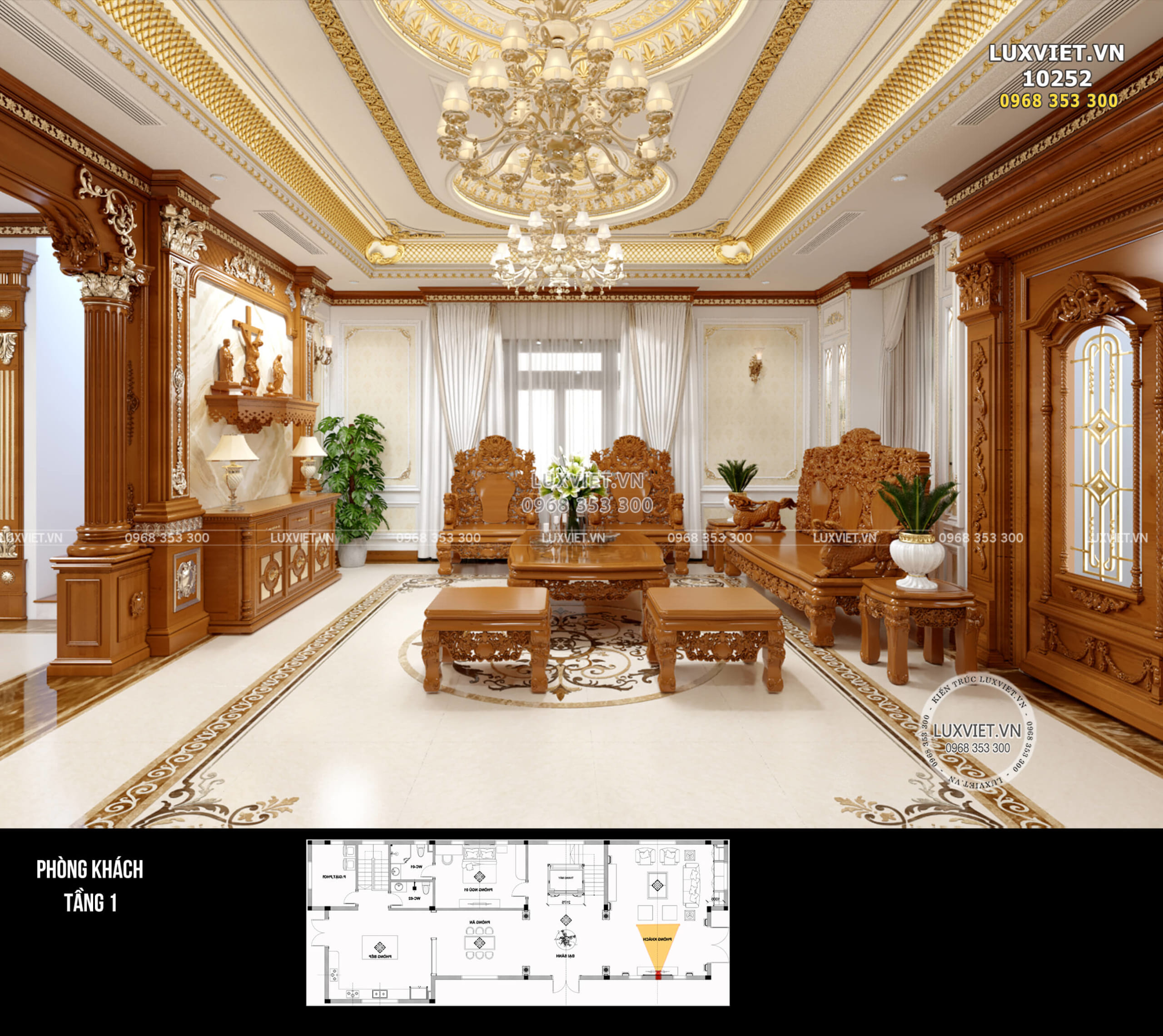 Hệ đèn trùm được lựa chọn trang trí cho phòng khách hợp với kiến trúc tân cổ điển