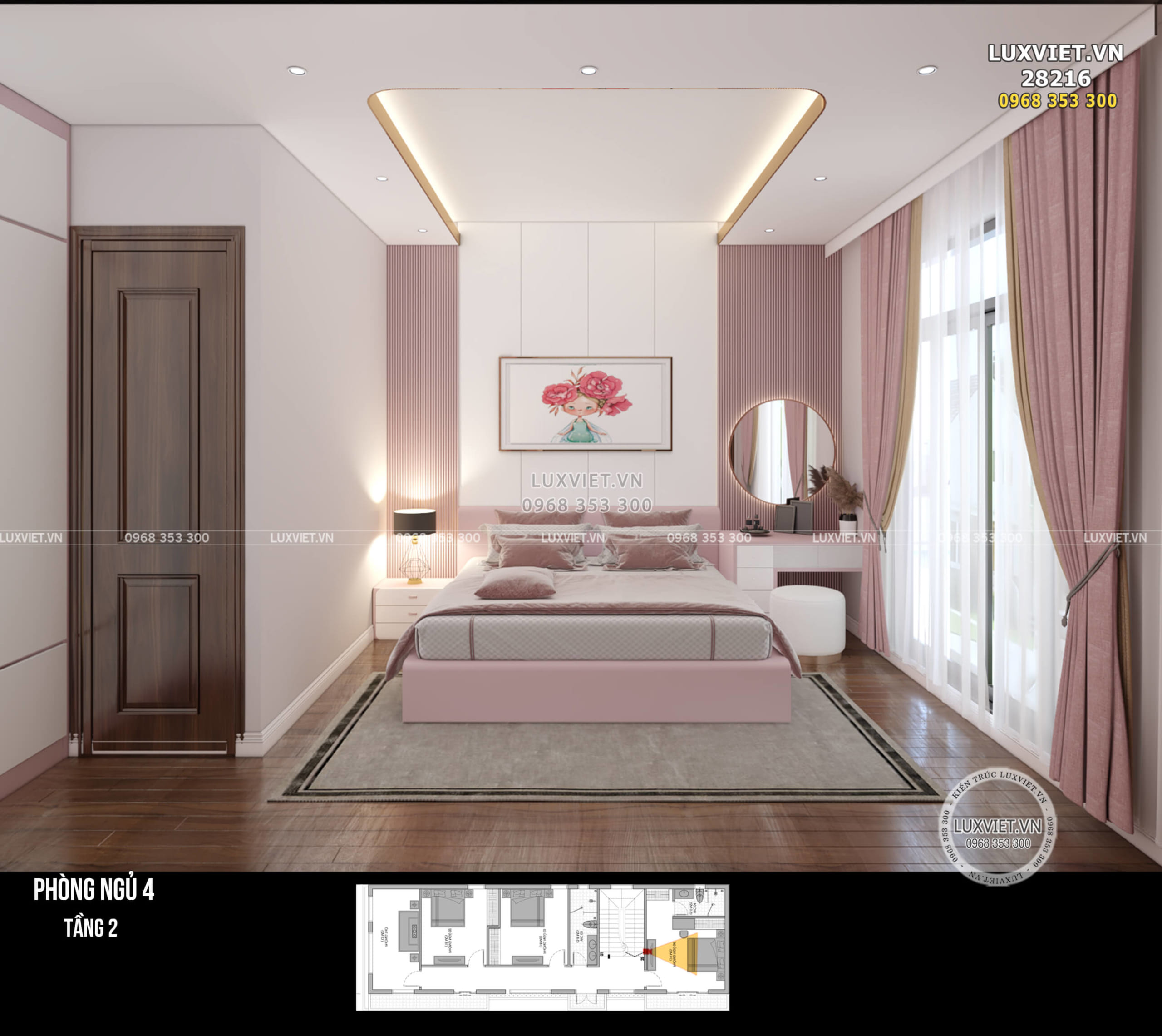 Phòng ngủ được thiết kế đồng bộ màu sắc từ rèm cửa, giường ngủ, bàn trang điểm