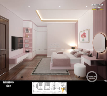 Phòng ngủ với tone hồng, trắng dễ thương dành cho con gái