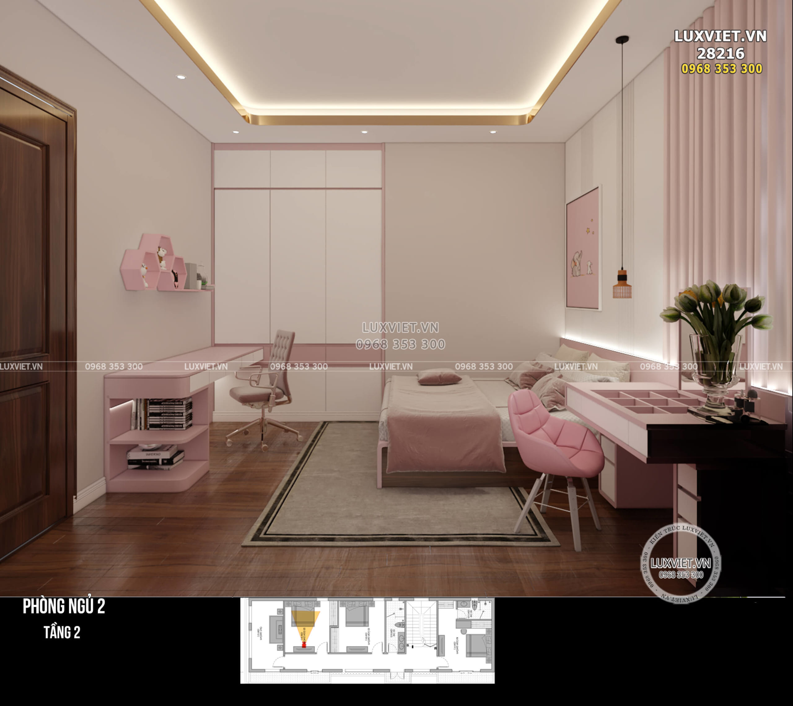 Phòng ngủ 2 tầng 2 với tone màu hồng dễ thương