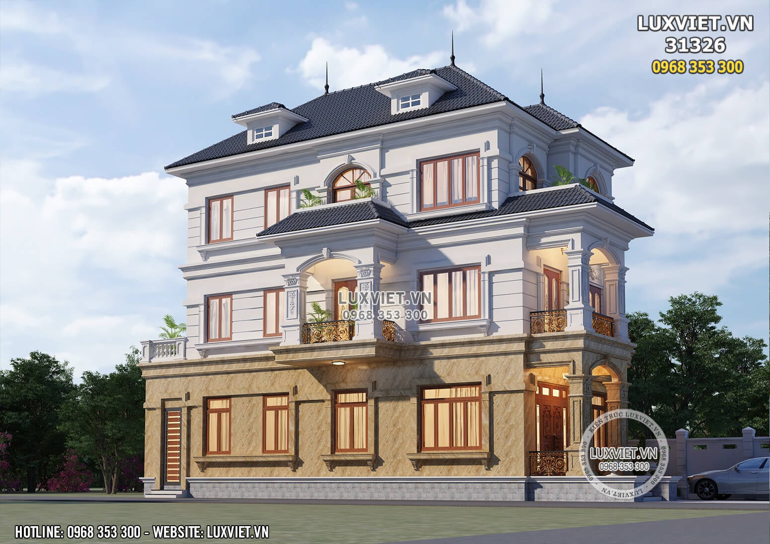Một góc view chi tiết vẻ đẹp ngoại thất 3D mẫu thiết kế nhà 3 tầng đẹp
