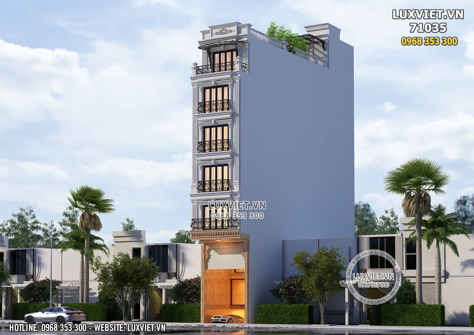 Phối cảnh 3D ngoại thất mẫu thiết kế nhà phố mặt tiền 5m