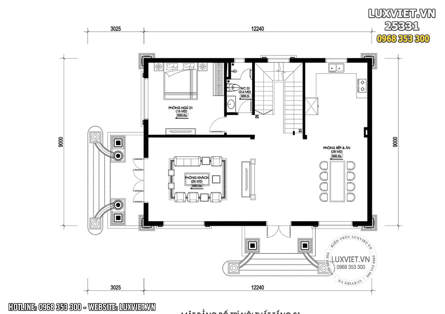 Mặt bằng công năng nội thất tầng 01 mẫu thiết kế nhà mái Nhật 2 tầng